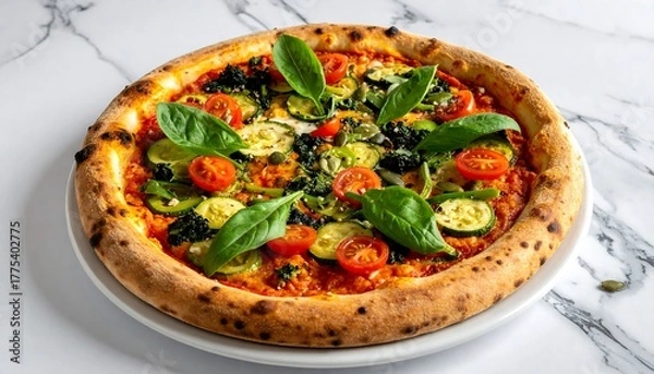 Fototapeta Overhead shot of a fresh pizza on a white plate, topped with vegetables and basil leaves, set against a marble background