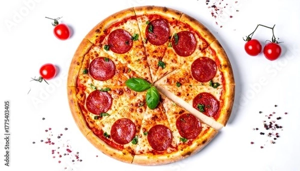 Fototapeta Overhead shot of a freshly baked pizza, cut into slices, with pepperoni, mozzarella, and a green leaf garnish. Cherry tomatoes and peppercorns are scattered around the pizza