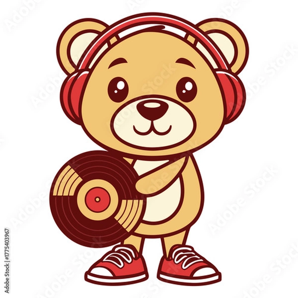 Obraz Adorable cartoon bear character wearing vibrant red headphones and holding a vintage vinyl record, embodying the spirit of music and entertainment as a cheerful disc jockey