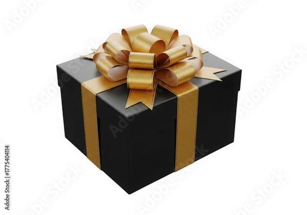 Fototapeta A black gift box with a gold ribbon and bow, isolated on transparent background