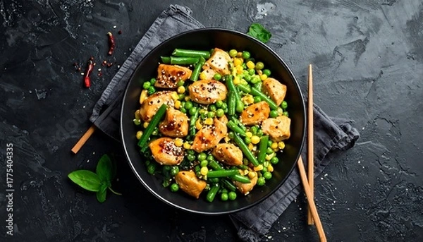 Fototapeta Overhead shot of a full black bowl containing a colorful mix of seasoned chicken, green beans, and peas. It sits on a dark stone surface