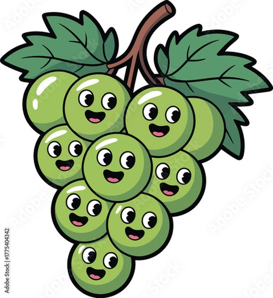 Fototapeta A funny cartoon of a green apple with leaves and a worm, a healthy and fresh fruit illustration