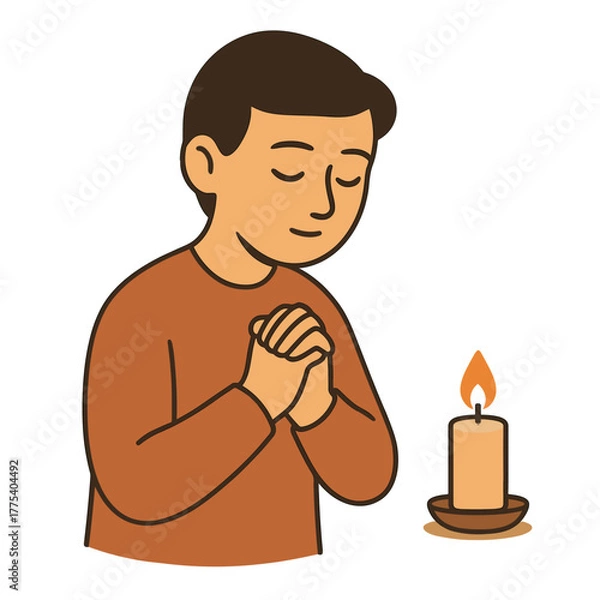 Obraz Flat Illustration of a Man Praying Next to a Lit Candle with Hands Clasped on White Background