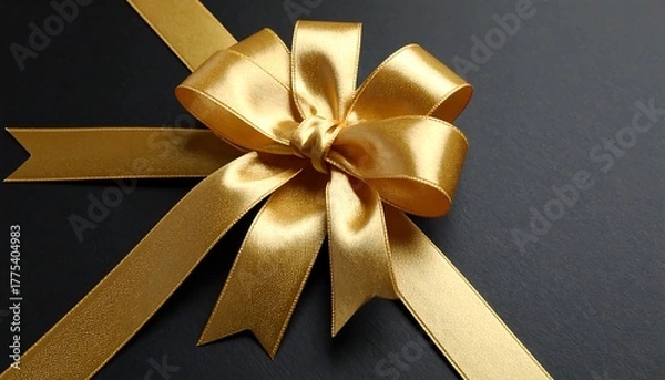 Fototapeta Overhead shot of a golden satin ribbon bow on a dark gray surface, a portion of the ribbon extending outwards. The bow's folds create depth