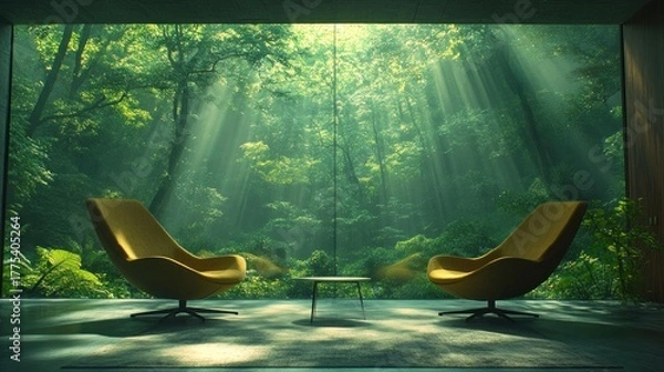 Fototapeta Modern room with jungle view, sunlight streams