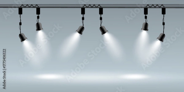 Fototapeta Stage spotlight beams on empty showcase background