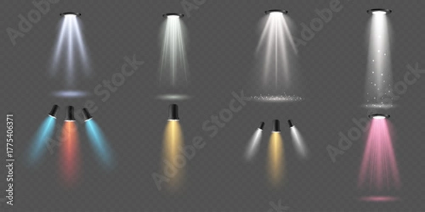 Fototapeta Realistic colorful spotlights with light beams on transparent background