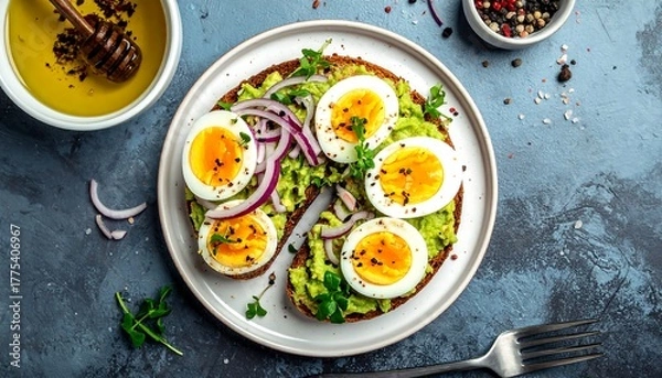 Fototapeta Overhead shot of a healthy breakfast. Avocado toast topped with sliced hard-boiled eggs and red onion with a drizzle of oil