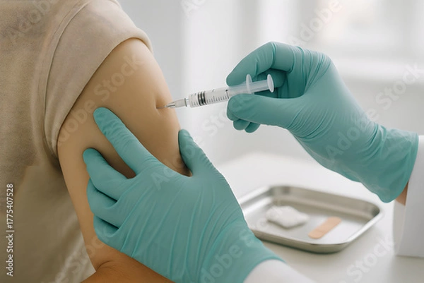 Fototapeta Photorealistic influenza vaccination, healthcare professional’s gloved hands holding prefilled flu vaccine syringe beside unbranded vial labeled with abstract blue “influenza”