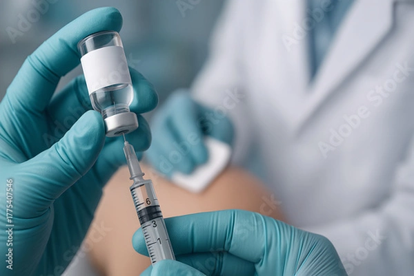 Obraz Photorealistic influenza vaccination, healthcare professional’s gloved hands holding prefilled flu vaccine syringe beside unbranded vial labeled with abstract blue “influenza”
