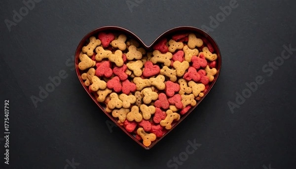 Fototapeta Overhead shot of a heart-shaped box filled with dog biscuits. Bone-shaped and red treats are arranged against a black background