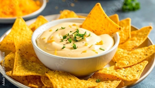 Fototapeta Nachos and cheese dip with parsley in a white bowl on a gray plate, perfect for snacking and sharing