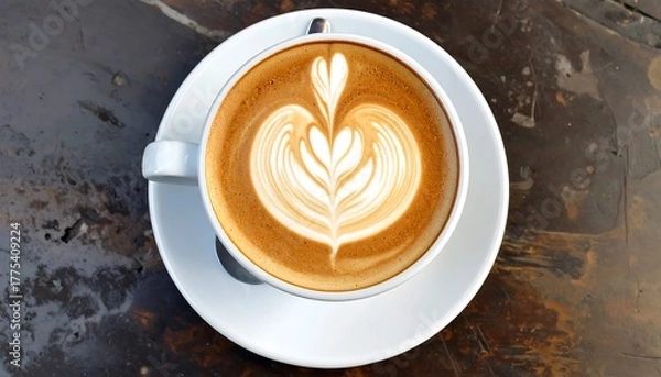 Fototapeta Overhead shot of a latte with intricate leaf-shaped foam art in a white cup on a saucer. The table beneath has an antique, rustic look