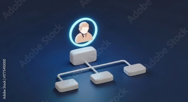 Obraz Abstract organizational chart with glowing user icon on dark blue background.
