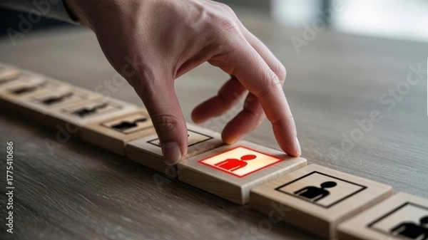 Obraz Hand selecting a glowing person icon from a line of wooden blocks