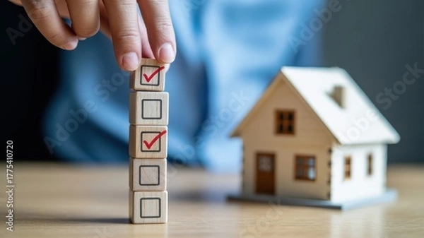 Fototapeta Hand checking off items on a checklist next to a small house model