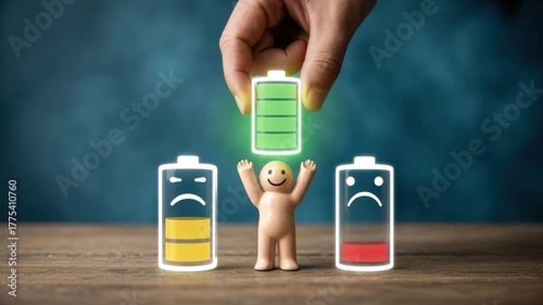 Obraz Person holding a fully charged battery above a happy figure between two low battery figures