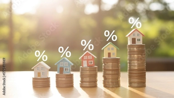 Obraz Rising cost of housing with increasing interest rates represented by coins and houses