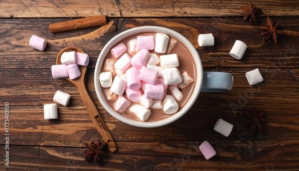 Fototapeta Overhead shot of a mug filled with warm cocoa topped with marshmallows. A wooden spoon and scattered spices surround it on a textured wooden surface
