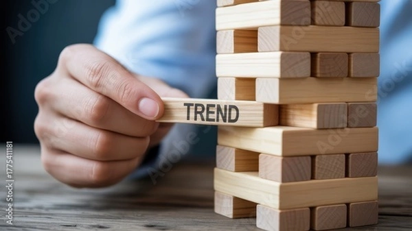 Fototapeta Hand removing the word trend from a wooden block tower symbolizing risk