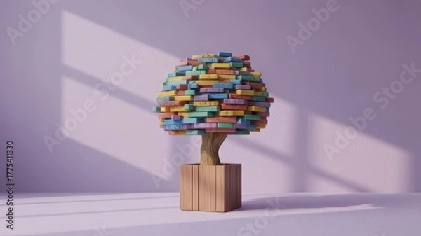 Obraz Colorful stacked books forming a tree shape in a wooden pot with light shadows