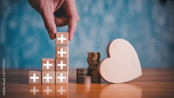 Obraz Building health and wealth with wooden blocks and coins