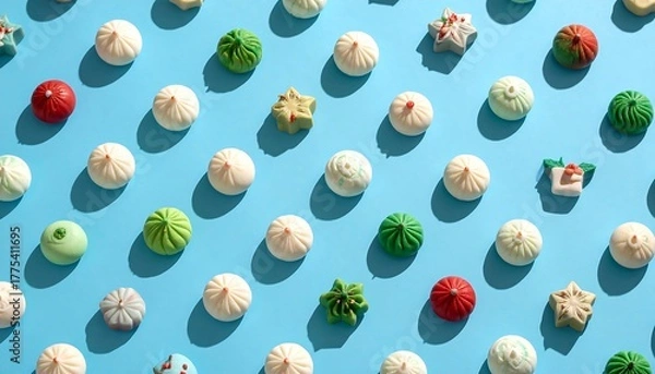 Fototapeta Overhead shot displays array of colorful, festive, miniature sweet treats on a bright blue background. Hard shadows create a bold pattern