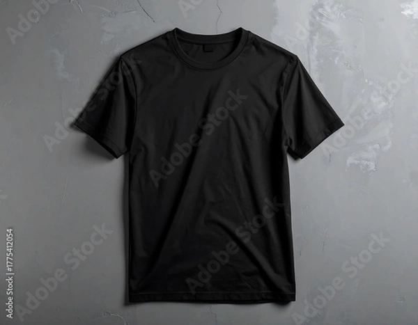 Fototapeta Overhead shot of a plain, black, short-sleeved crew neck t-shirt, presented on a textured grey backdrop. The shirt is centered and isolated