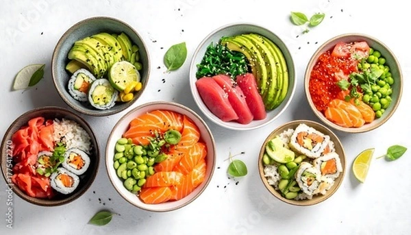 Fototapeta Overhead shot displays six vibrant bowls filled with sushi ingredients. Various combinations of fresh seafood, avocado, and greens are arranged artistically