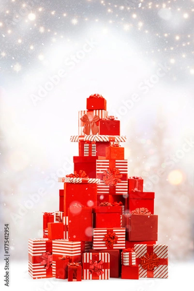 Obraz Christmas, New Year gift boxes for holidays promotions. Red and striped wrappers, lush bows.