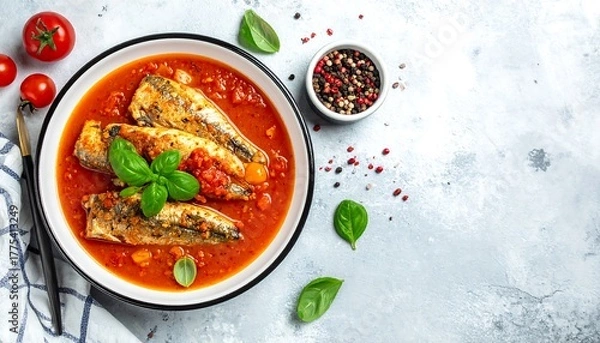 Fototapeta Overhead shot of a plate with fish in a tomato sauce. Small tomatoes and herbs are arranged on the textured surface