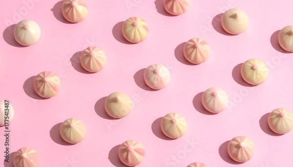 Fototapeta Overhead shot features a pink background with a repeating pattern of small, round, beige-colored food items with delicate pink details. Shadows cast by sunlight