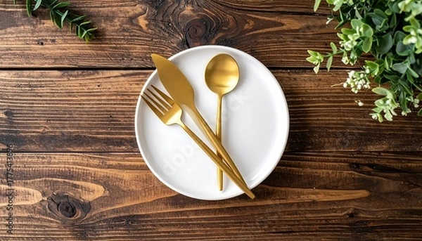Fototapeta Overhead shot features a white plate, gold cutlery, and lush greenery on a dark wood background. The composition evokes elegance and fine dining