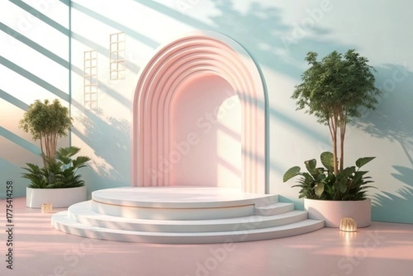 Obraz Minimalist Podium Display with Pastel Colors and Sunlight