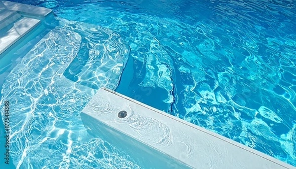 Fototapeta Overhead shot of a pool with clear, turquoise water. Sun illuminates the surface, highlighting the ripples and steps. The diving board is off-white
