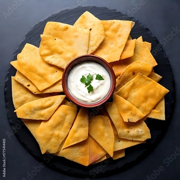 Fototapeta Overhead shot features crisp, golden-brown flatbreads encircling a small bowl of white dip garnished with a sprig of green. Presented on a black slate