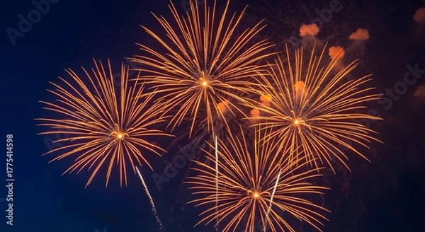 Fototapeta Colorful fireworks display of various colors on black background. Cluster of vibrant fireworks. 