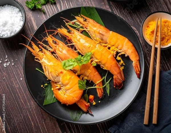 Fototapeta Overhead shot features beautifully cooked shrimp on a black plate, garnished with herbs, and presented with chopsticks