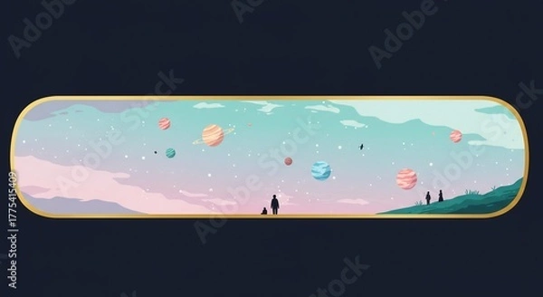 Obraz Surreal Sky Landscape with Floating Orbs and Silhouetted Figures.