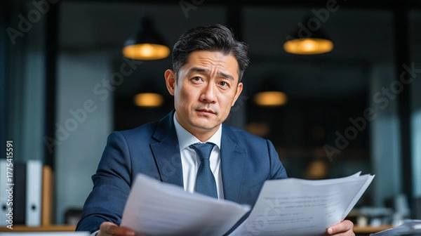 Fototapeta 責任と判断の瞬間 ― 真剣な表情のビジネスマンが資料を見つめる