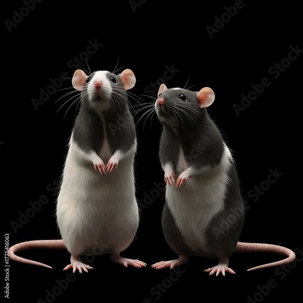 Obraz Two Rats Standing Upright Against Black Background.