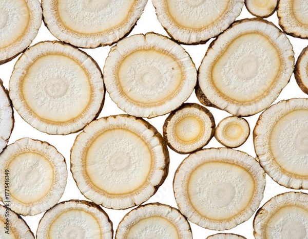 Fototapeta Pattern of Isolated Slices of Dried Herbal Root (Transparent Background)
