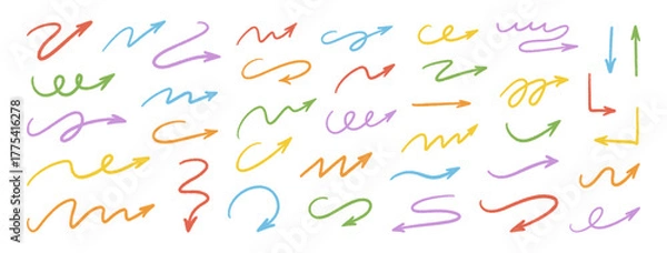 Fototapeta Arrow crayon hand drawn set. Colored waved lines on white background. Chalk, charcoal, pencil, pastel doodle direction pointers. Grunge textured strokes, underlines. Freehand curved arrows. Vector