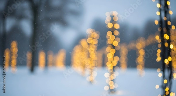 Fototapeta Winter string lights illuminating snowy christmas tree branches. Christmas lights glowing on a snowy Christmas tree, illuminating a winter garden. 