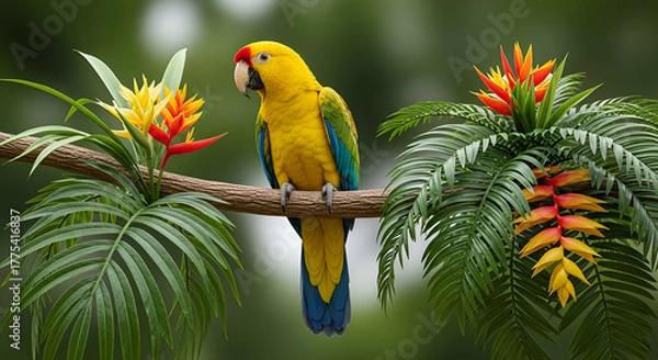 Fototapeta Vibrant Blue and Yellow Macaw Perched on Branch, Tropical Parrot Bird in Rainforest, Colorful Wildlife Macaw Portrait, Exotic Bird with Red Flower Illustration, Isolated Bright Macaw on Tree Limb