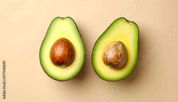 Fototapeta Overhead shot featuring two avocado halves, each with a central pit, presented against a creamy, light-beige backdrop, showcasing healthy eating
