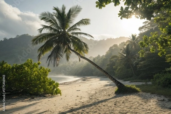 Obraz Palm tree casting shadow on sandy beach under sunny skies