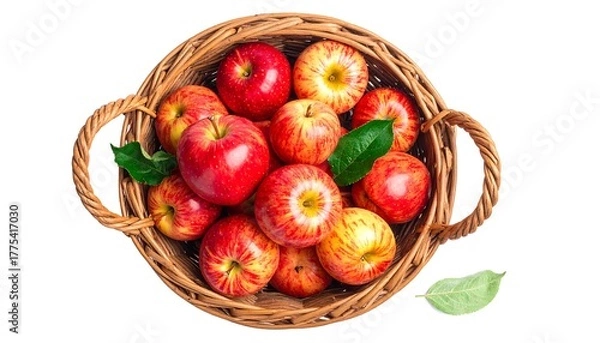 Fototapeta Overhead shot of a round woven basket filled with ripe, red and yellow striped apples, some with green leaves. A single leaf sits beside it