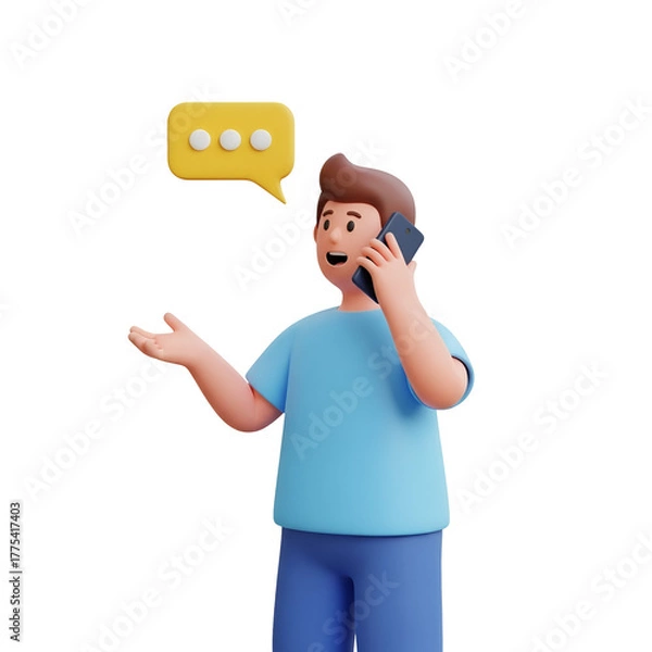 Fototapeta 3d illustration of a man talking on a mobile phone with a chat bubble above his head, isolated on transparent background