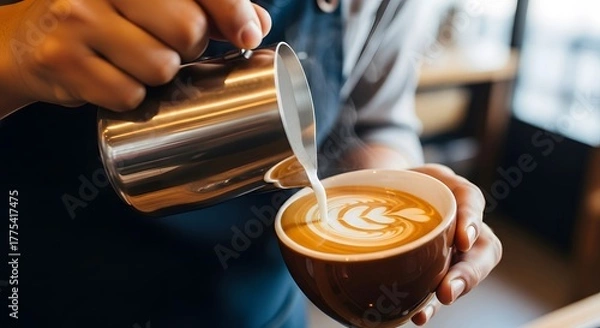 Fototapeta Barista pouring milk into coffee cup creating latte art design in cafe setting close up view scene